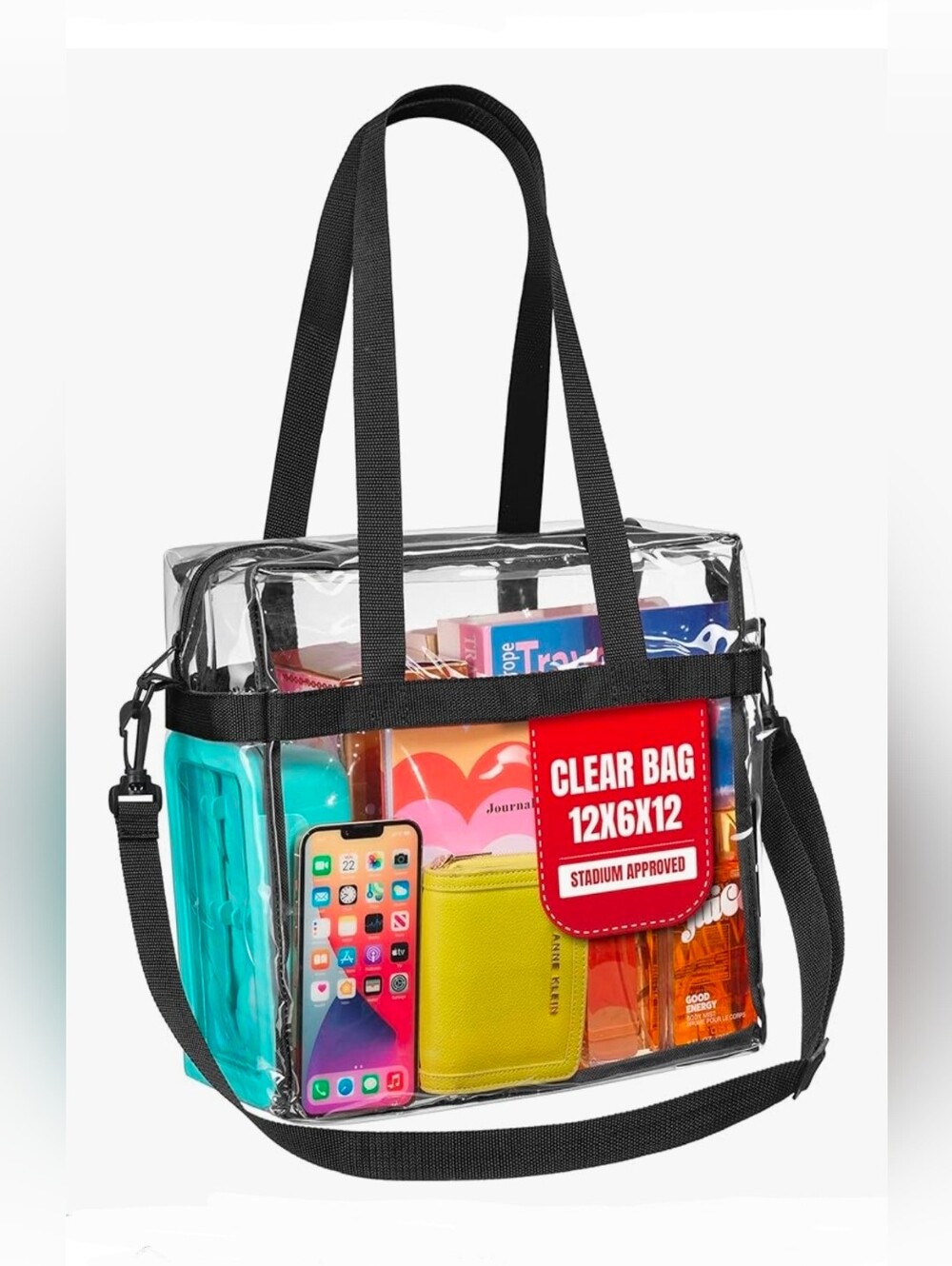 Stadium Approved Transparent Tote- Zippered Top & Shoulder Straps- 12"x6"x12"